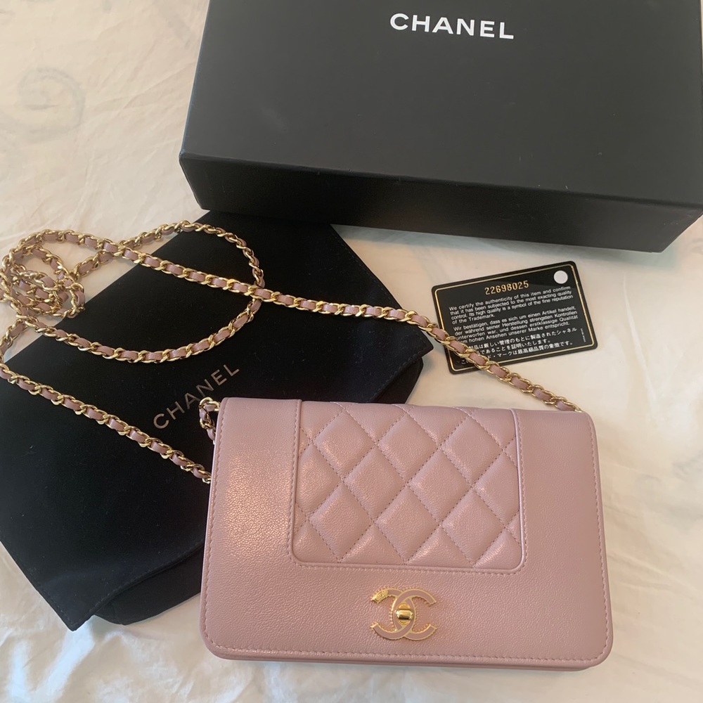 Nude pink Chanel wallet on chain
